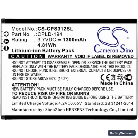 Coolpad Snap Replacement Battery, 3.7V, 1300mAh, Li-ion 3