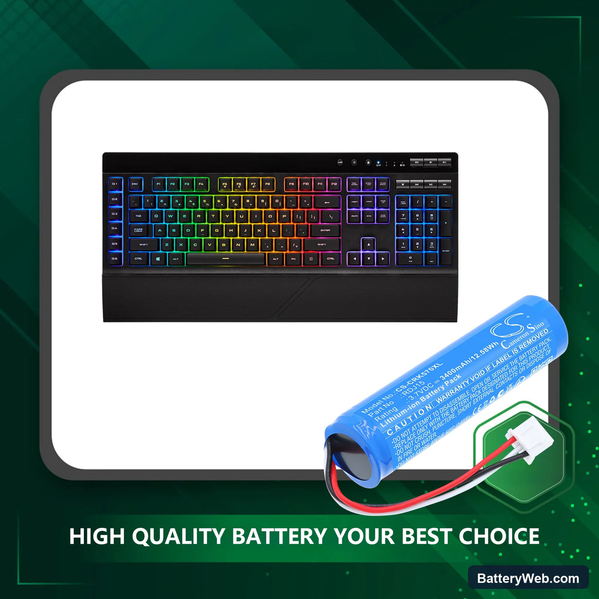 Corsair K57 RGB Wireless Gaming Keyboard Replacement Battery, 3.7V, 3400mAh, Li-ion 6