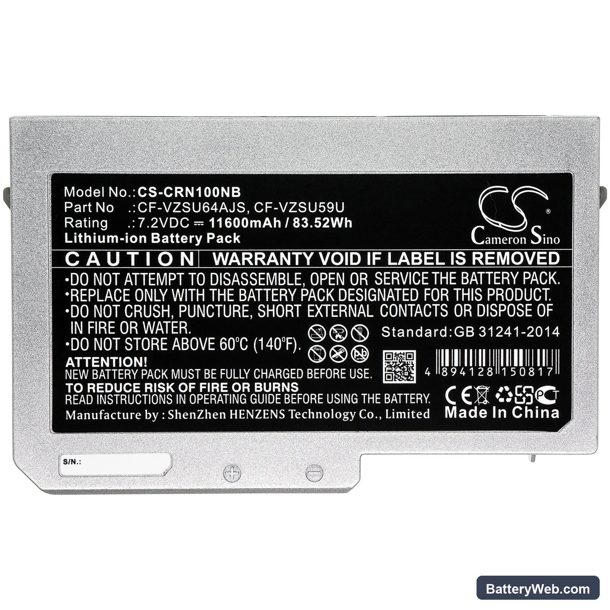 Panasonic Toughbook CF-N10 Replacement Battery, 7.2V, 11600mAh, Li-ion 3