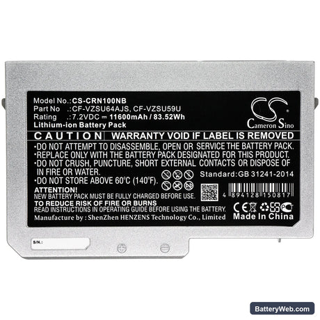 Panasonic Toughbook CF-N10 Replacement Battery, 7.2V, 11600mAh, Li-ion 3