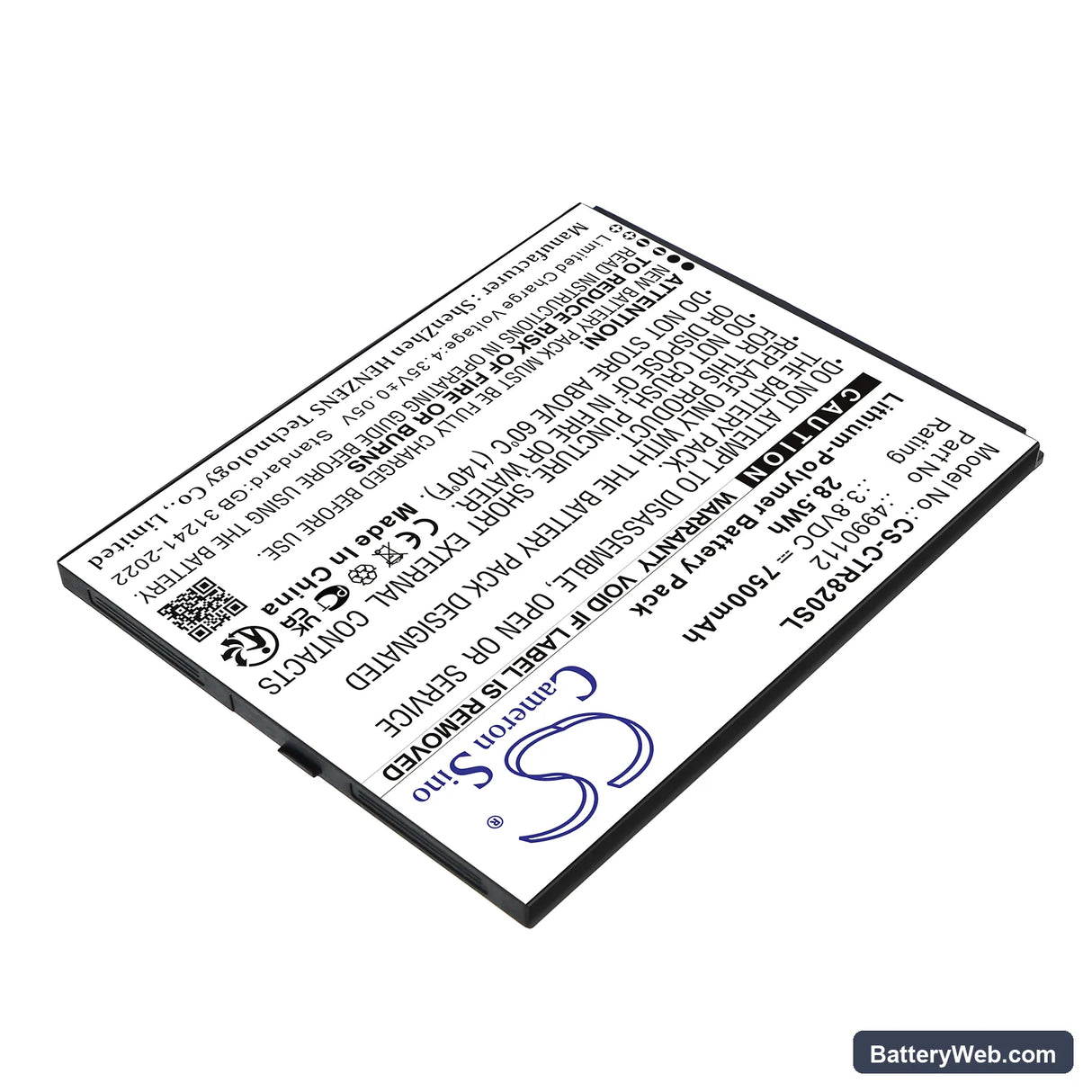 Cedar CT8 Replacement Battery, 3.8V, 7500mAh, Li-Polymer 2