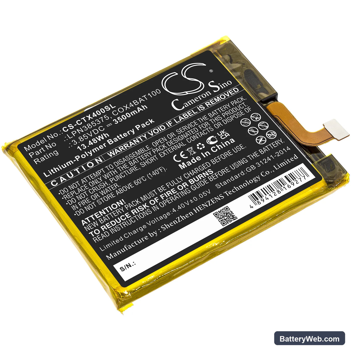 Crosscall Core X4 Replacement Battery, 3.85V, 3500mAh, Li-Polymer 1