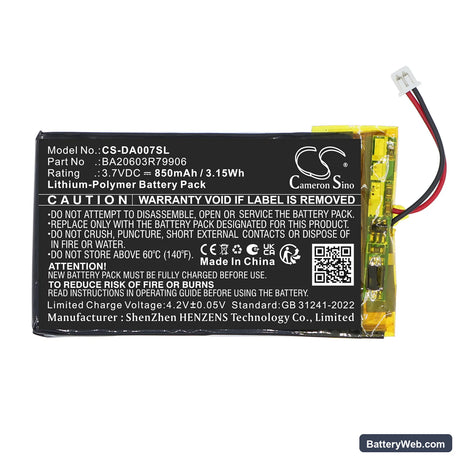 Creative Zen Neeon Replacement Battery, 3.7V, 850mAh, Li-Polymer 3