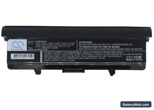 Dell Inspiron 1525 Replacement Battery, 11.1V, 6600mAh, Li-ion 1