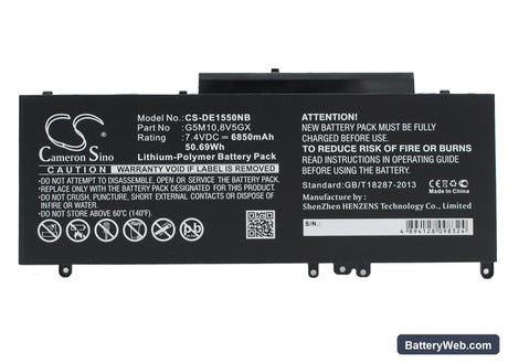 Dell Latitude E5550 Replacement Battery, 7.4V, 6850mAh, Li-Polymer 1