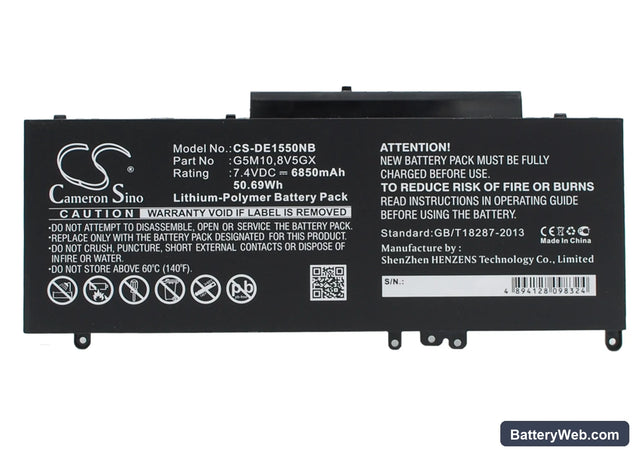Dell Latitude E5550 Replacement Battery, 7.4V, 6850mAh, Li-Polymer 1