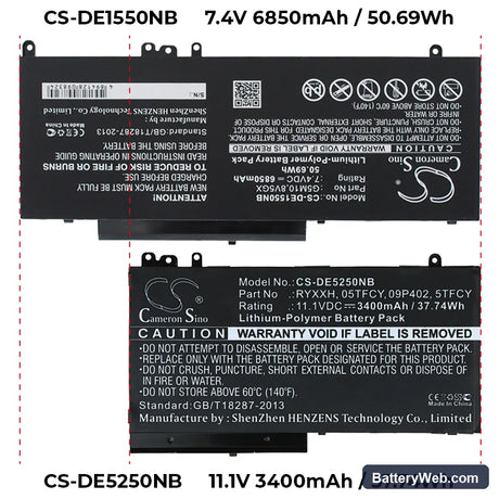Dell Latitude E5550 Replacement Battery, 7.4V, 6850mAh, Li-Polymer 6