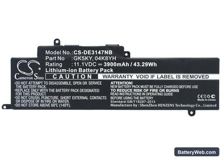 Dell Inspiron 11 3147 Replacement Battery, 11.1V, 3900mAh, Li-Polymer 1