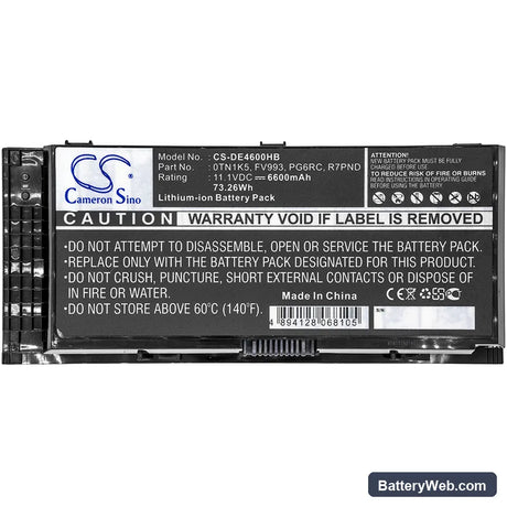 Dell Precision M4600 Replacement Battery, 11.1V, 6600mAh, Li-ion 3