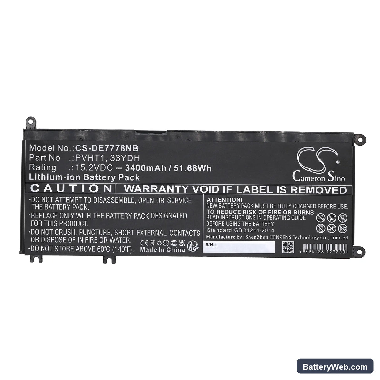 Dell DNCWSCB6106B Replacement Battery, 15.2V, 3400mAh, Li-ion 3