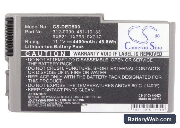 Dell Inspiron 500m Replacement Battery, 11.1V, 4400mAh, Li-ion 5
