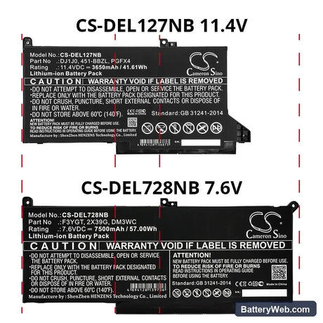 Dell Latitude 12 7000 Replacement Battery, 11.4V, 3650mAh, Li-ion 4