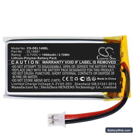 Deli 14951w Replacement Battery, 3.7V, 1000mAh, Li-Polymer 3
