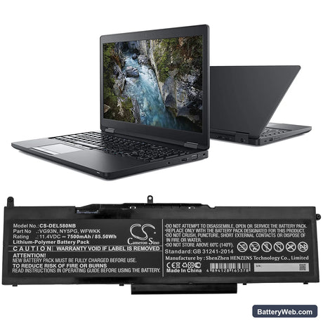 Dell Latitude 5580 Replacement Battery, 11.4V, 7500mAh, Li-Polymer 4