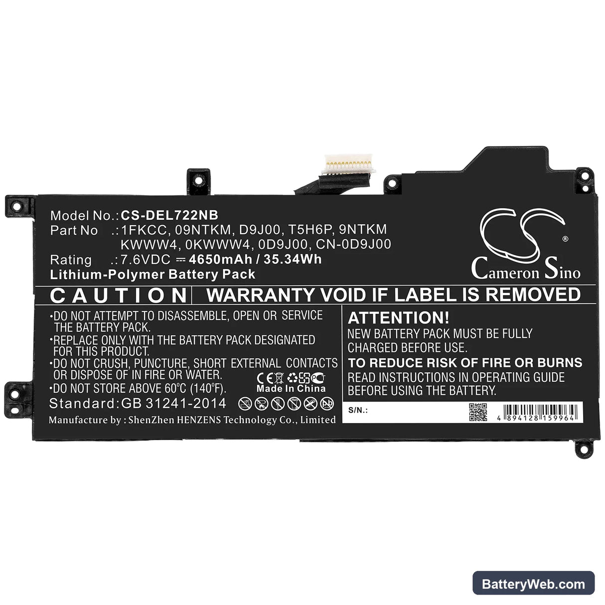 Dell Latitude 7200 2-in-1 Replacement Battery, 7.6V, 4650mAh, Li-Polymer 3