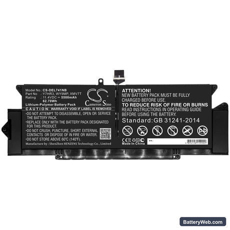 Dell Latitude 7410 Replacement Battery, 11.4V, 5500mAh, Li-Polymer 3