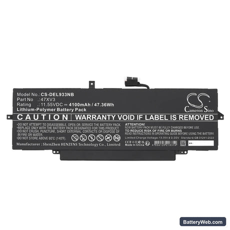 Dell Latitude 9330 Replacement Battery, 11.55V, 4100mAh, Li-Polymer 3