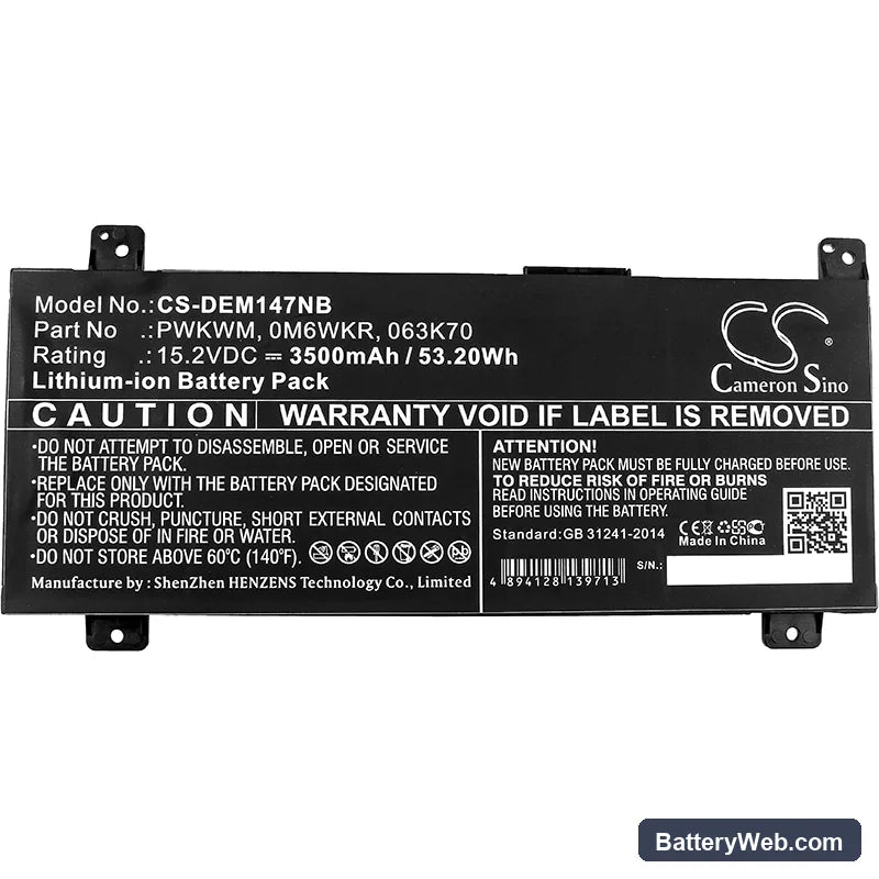Dell Inspiron 14 7466 Replacement Battery, 15.2V, 3500mAh, Li-ion 3