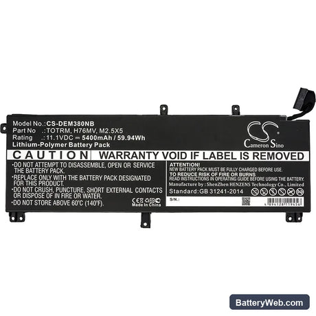Dell Precision M3800 Replacement Battery, 11.1V, 5400mAh, Li-Polymer 3