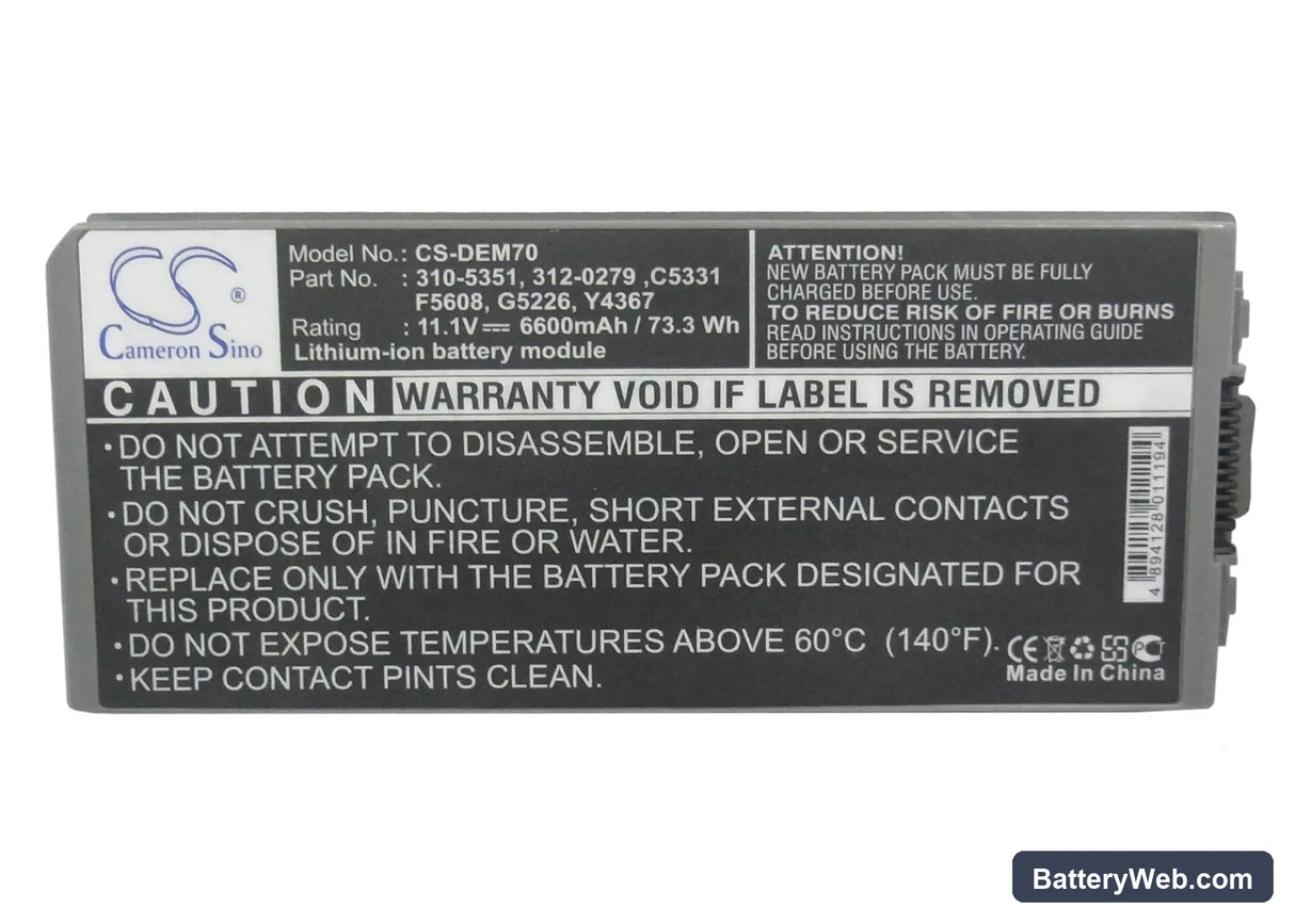 Dell Latitude D810 Replacement Battery, 11.1V, 4400mAh, Li-ion 5