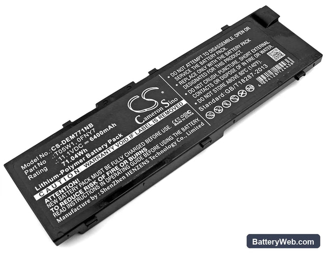 Dell Precision M7710 Replacement Battery, 11.1V, 6400mAh, Li-Polymer 1
