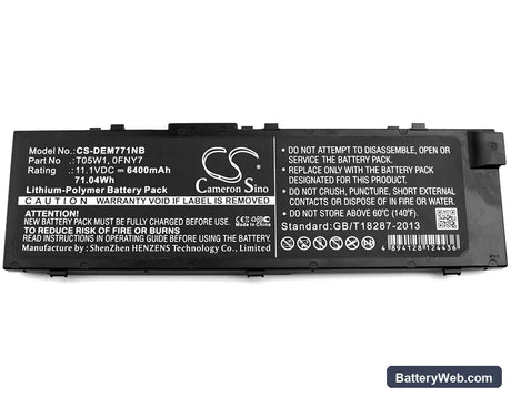 Dell Precision M7710 Replacement Battery, 11.1V, 6400mAh, Li-Polymer 3