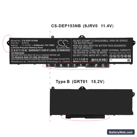 Dell Precision 15 3561 Replacement Battery, 11.4V, 8400mAh, Li-Polymer 6