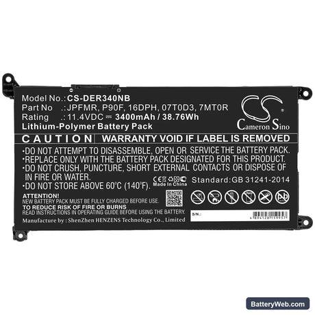 Dell Chromebook 3400 Replacement Battery, 11.4V, 3400mAh, Li-Polymer 3