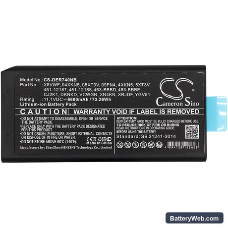 Dell Latitude 14 Rugged 7404 Replacement Battery, 11.1V, 6600mAh, Li-ion 3