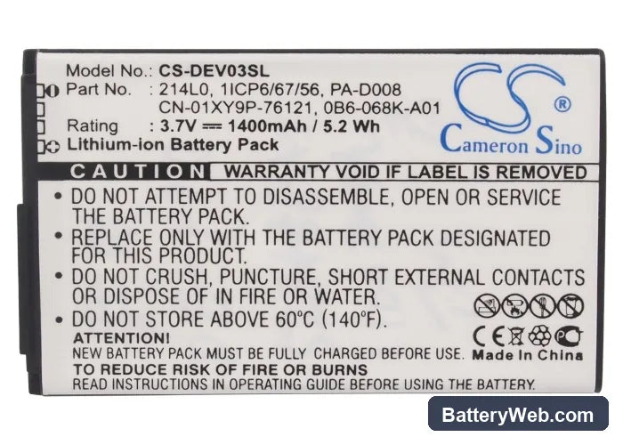 Dell Venue Replacement Battery, 3.7V, 1400mAh, Li-ion 5