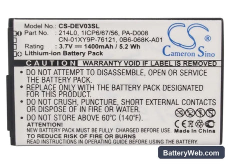 Dell Venue Replacement Battery, 3.7V, 1400mAh, Li-ion 5