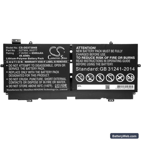 Dell XPS 13 7390 Replacement Battery, 7.6V, 6500mAh, Li-Polymer 3