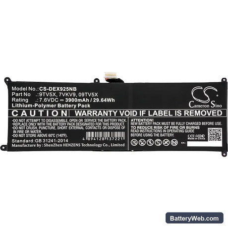 Dell XPS 12 9250 Replacement Battery, 7.6V, 3900mAh, Li-Polymer 3