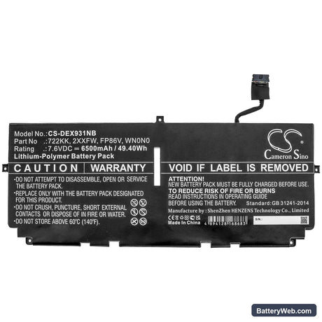 Dell XPS 13 9300 Replacement Battery, 7.6V, 6500mAh, Li-Polymer 3
