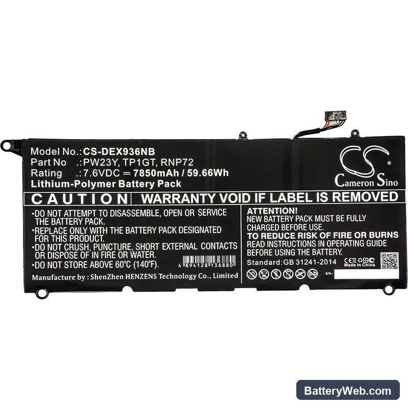 Dell XPS 13 9360 Replacement Battery, 7.6V, 7850mAh, Li-Polymer 3