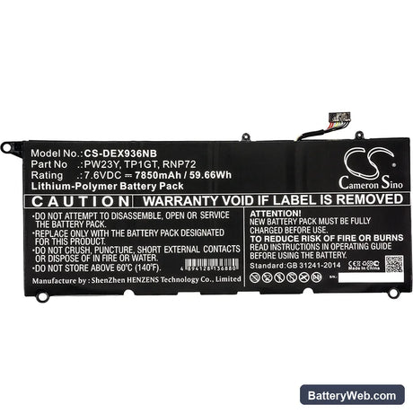 Dell XPS 13 9360 Replacement Battery, 7.6V, 7850mAh, Li-Polymer 3