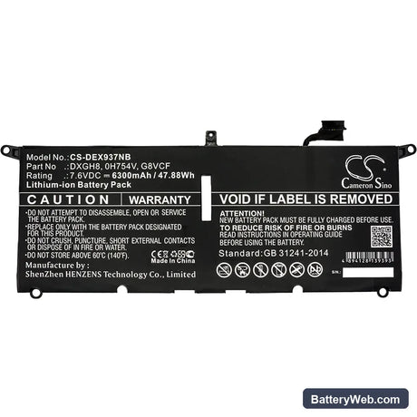 Dell XPS 13 9370 Replacement Battery, 7.6V, 6300mAh, Li-ion 3