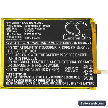 Doogee Y6 Replacement Battery, 3.8V, 3000mAh, Li-Polymer 3