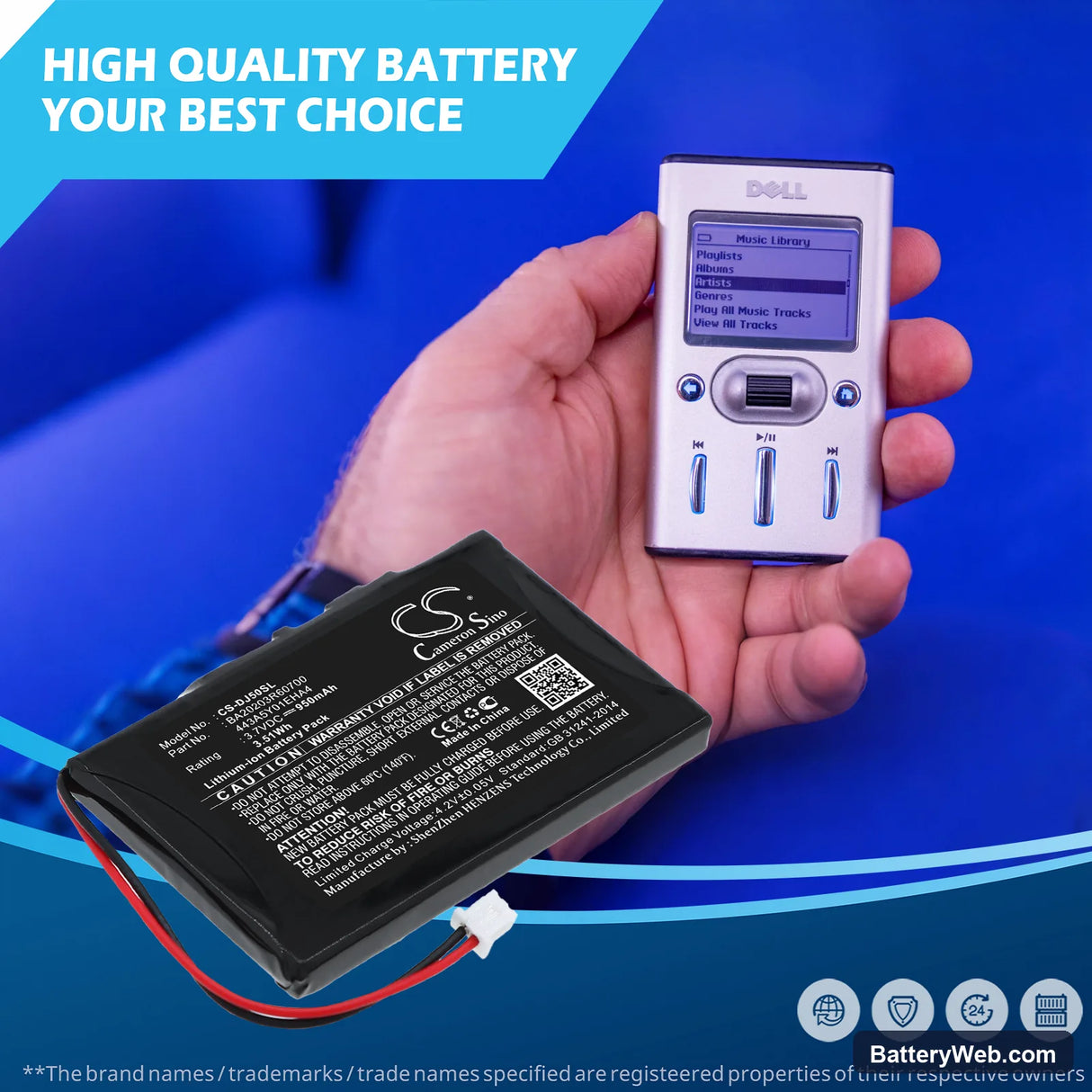 Dell Jukebox DJ 5GB Replacement Battery, 3.7V, 950mAh, Li-ion 6