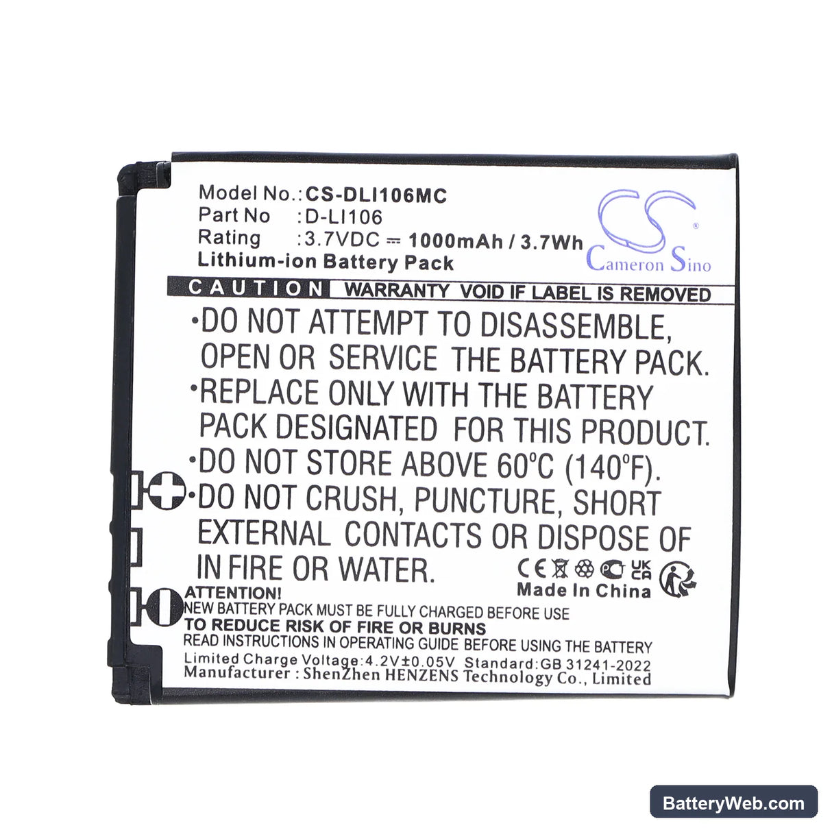 Pentax Optio X90 Replacement Battery, 3.7V, 1000mAh, Li-ion 5