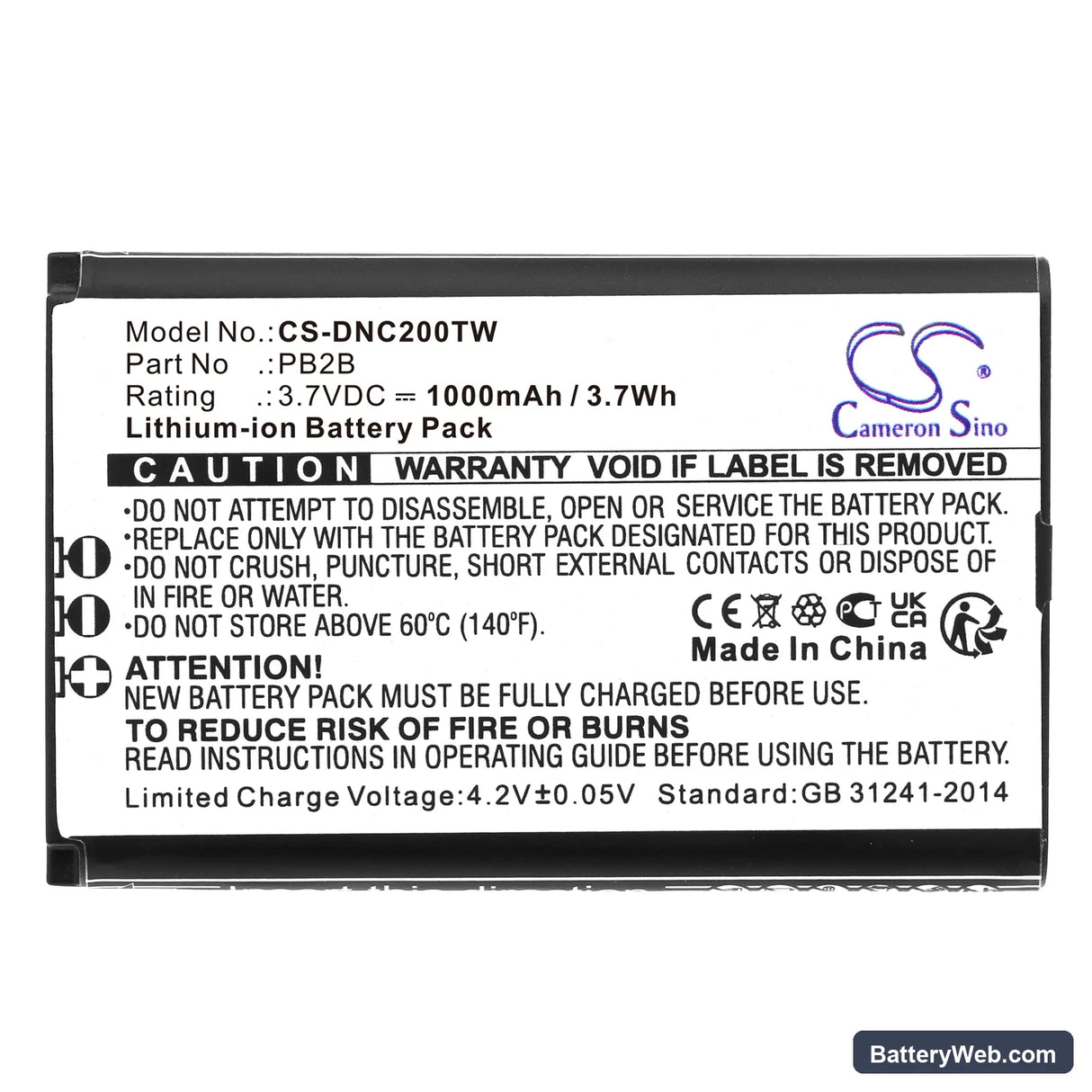 Dynascan 2B Replacement Battery, 3.7V, 1000mAh, Li-ion 3