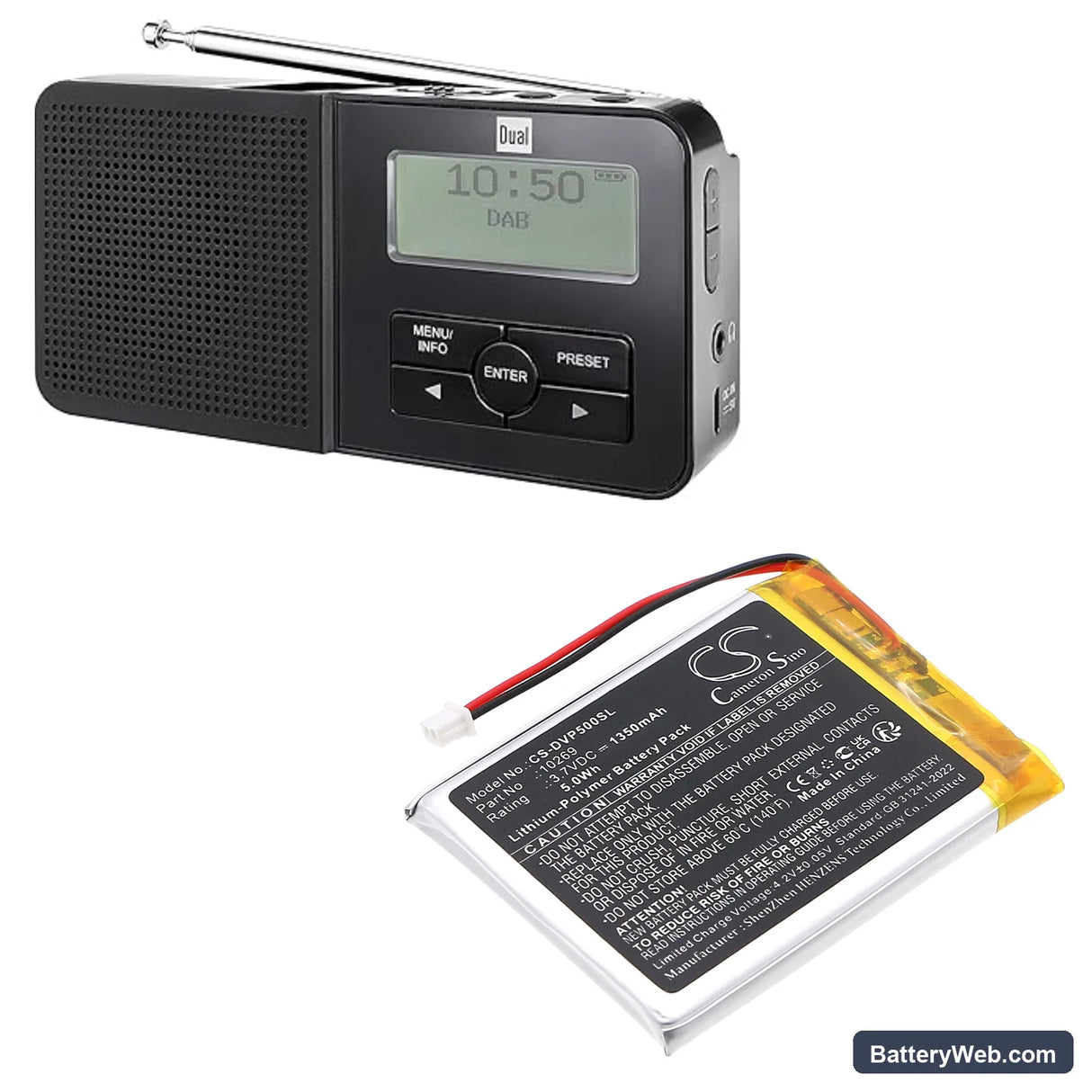 Dual DAB Pocket Radio 5 Replacement Battery, 3.7V, 1350mAh, Li-Polymer 6