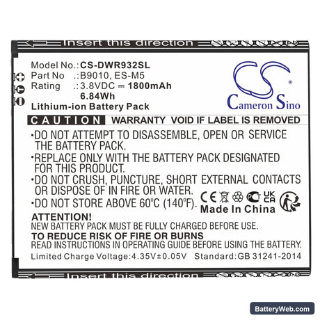 D-Link DWR-932 Replacement Battery, 3.8V, 1800mAh, Li-ion 3