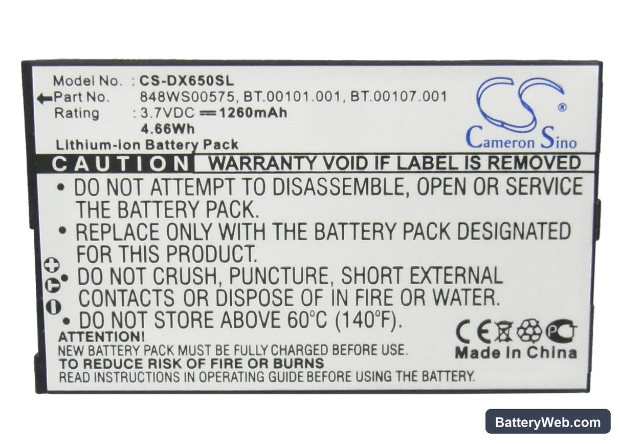 Acer Tempo DX650 Replacement Battery, 3.7V, 1260mAh, Li-ion 5