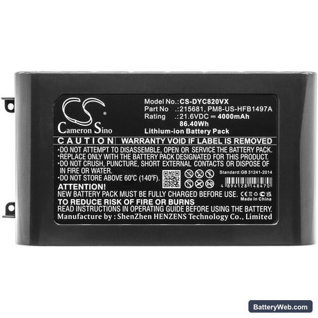 Dyson V8 Replacement Battery, 21.6V, 4000mAh, Li-ion 5