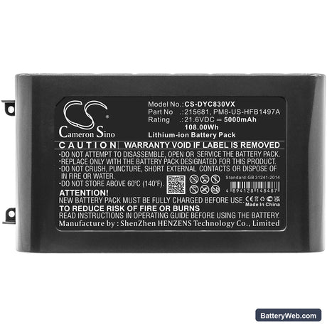Dyson V8 Replacement Battery, 21.6V, 5000mAh, Li-ion 5
