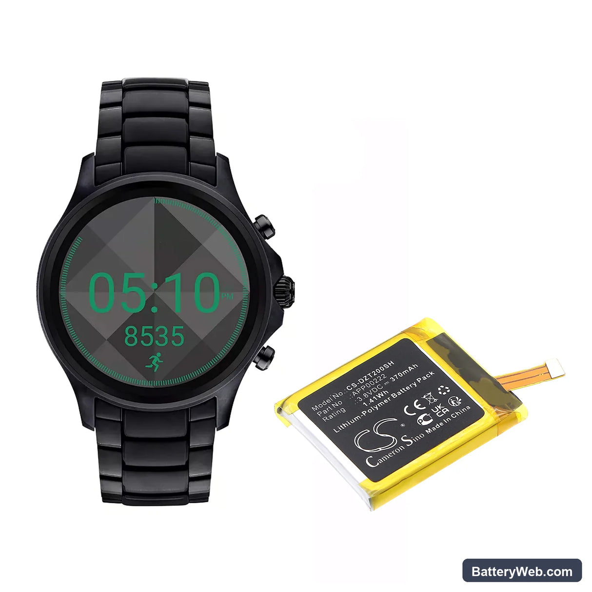 Fossil Q Explorist Gen3 Armani ART5004 Replacement Battery, 3.8V, 370mAh, Li-Polymer 5
