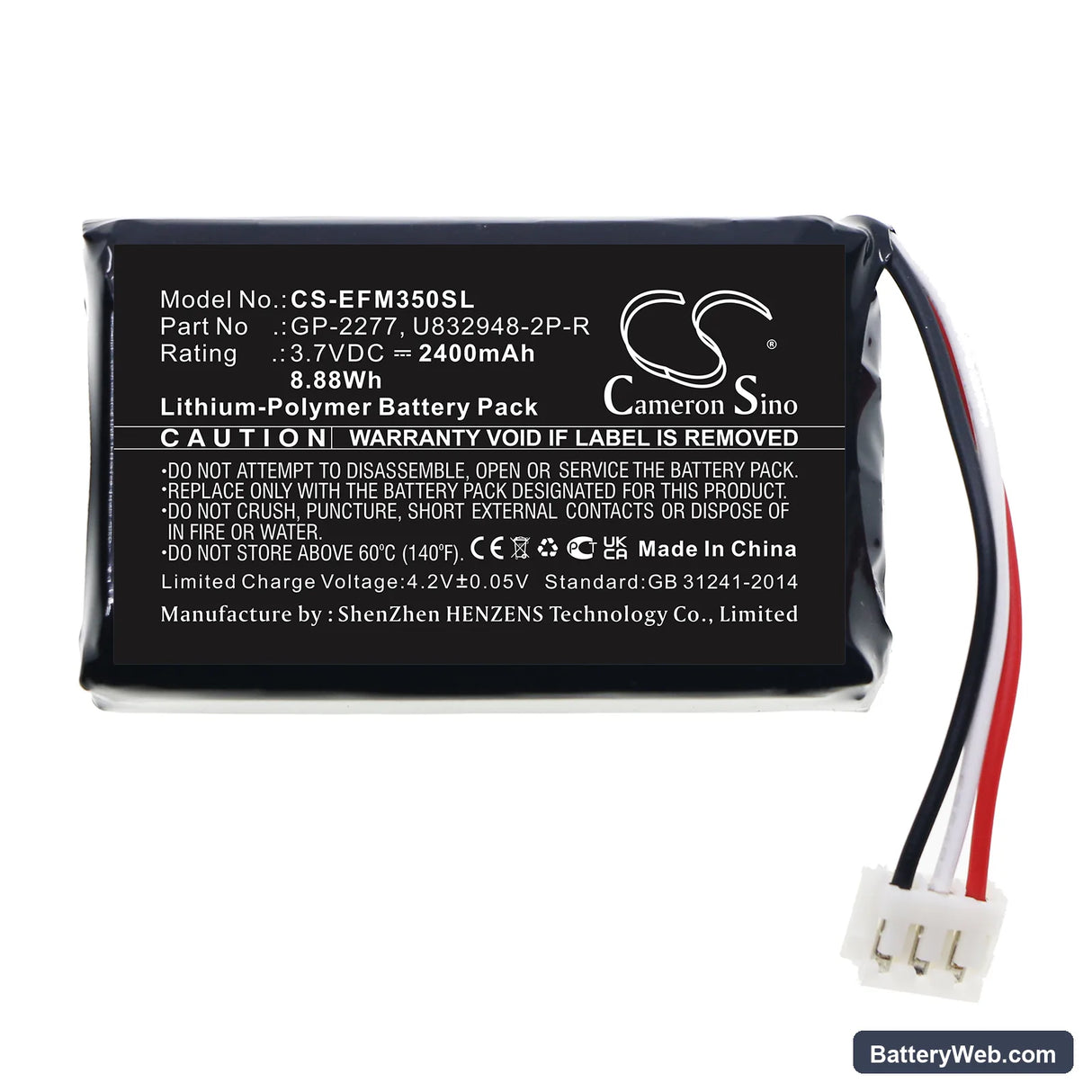 EXFO PPM-350D Replacement Battery, 3.7V, 2400mAh, Li-Polymer 3