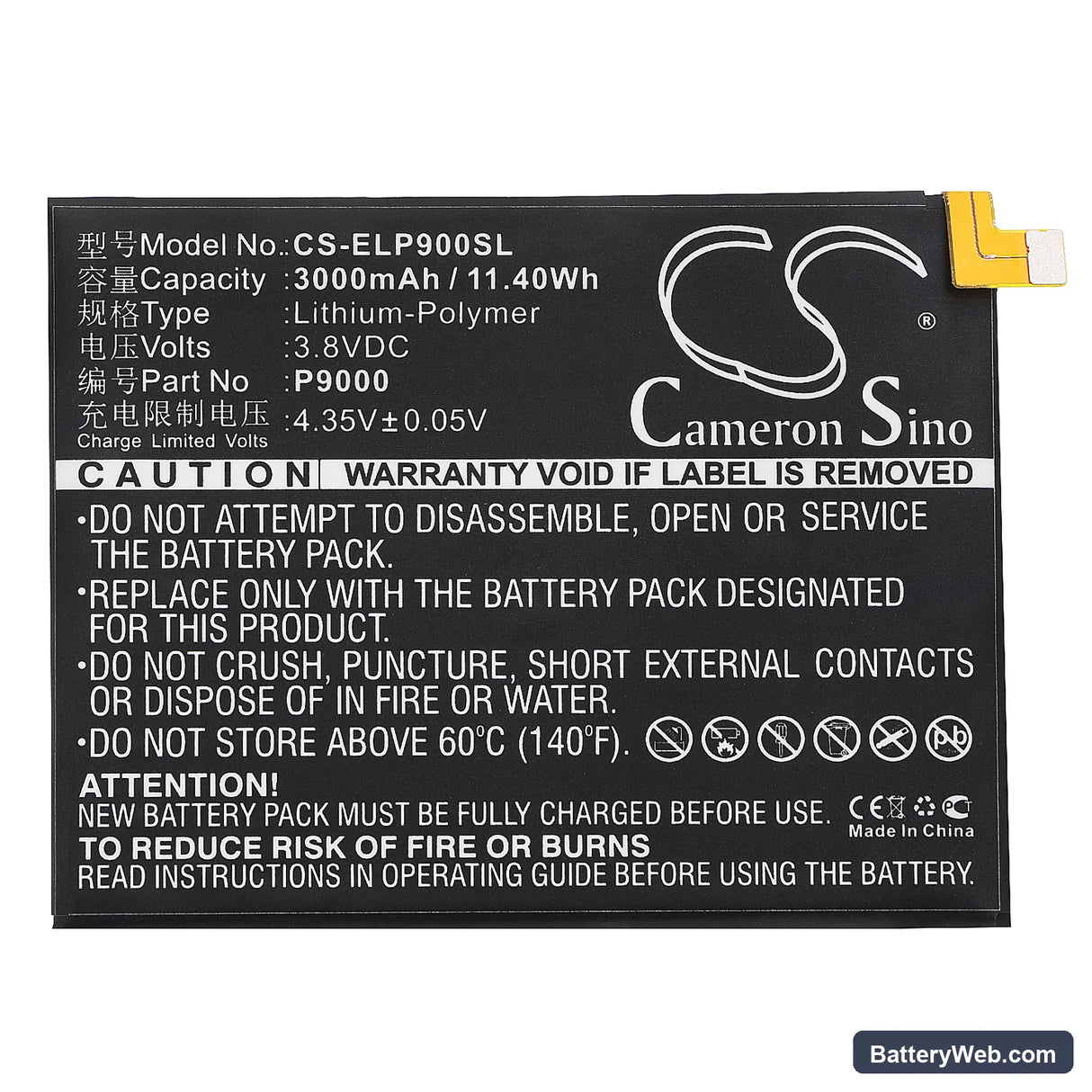 Elephone P9000 Replacement Battery, 3.8V, 3000mAh, Li-Polymer 3