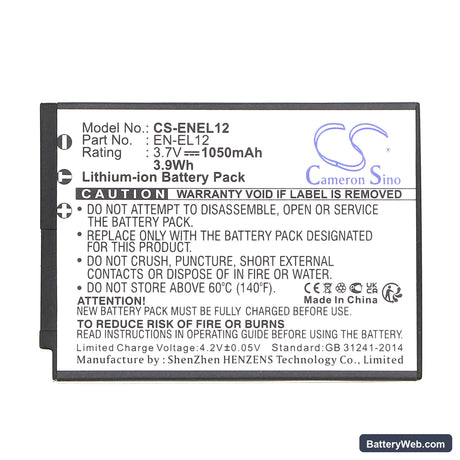 NiKon Coolpix S610 Replacement Battery, 3.7V, 1050mAh, Li-ion 3